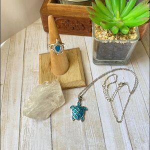 Simulated Opal Turtle Jewelry Set Ring & Necklace Ring Size 7